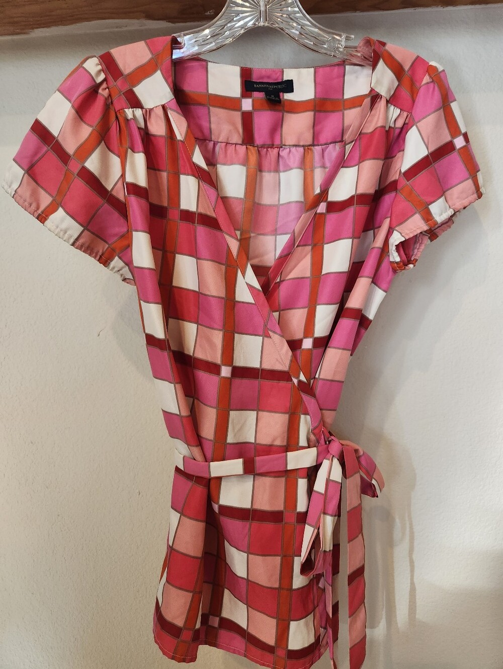 Banana Republic Pink and Coral Check Wrap Blouse